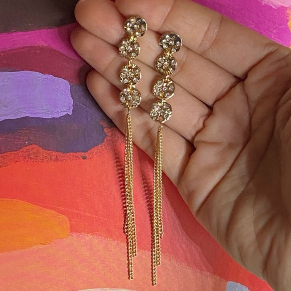Anthropologie Gold Plated Long Fringed Crystal Chain Drop Earrings - Picture 3 of 12